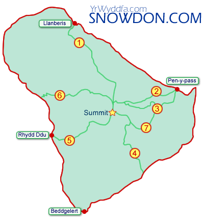 Mappa dei sentieri per salire in cima allo Snowdon