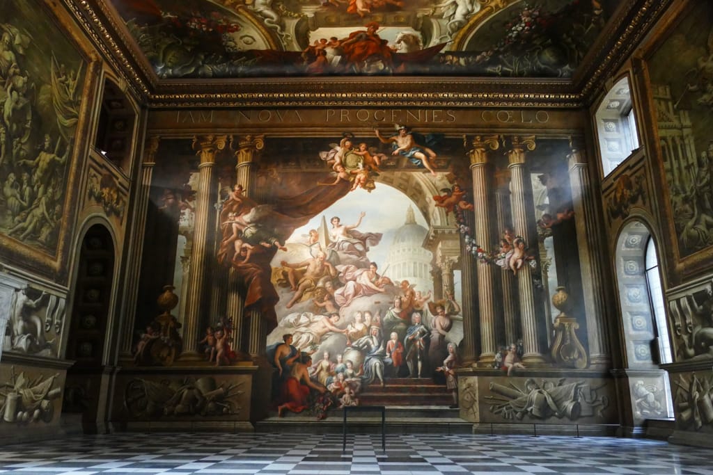 Visitare la Painted Hall a Greenwich, la Cappella Sistina britannica My Scratch Map - Travel Blog Affreschi parete Painted Hall